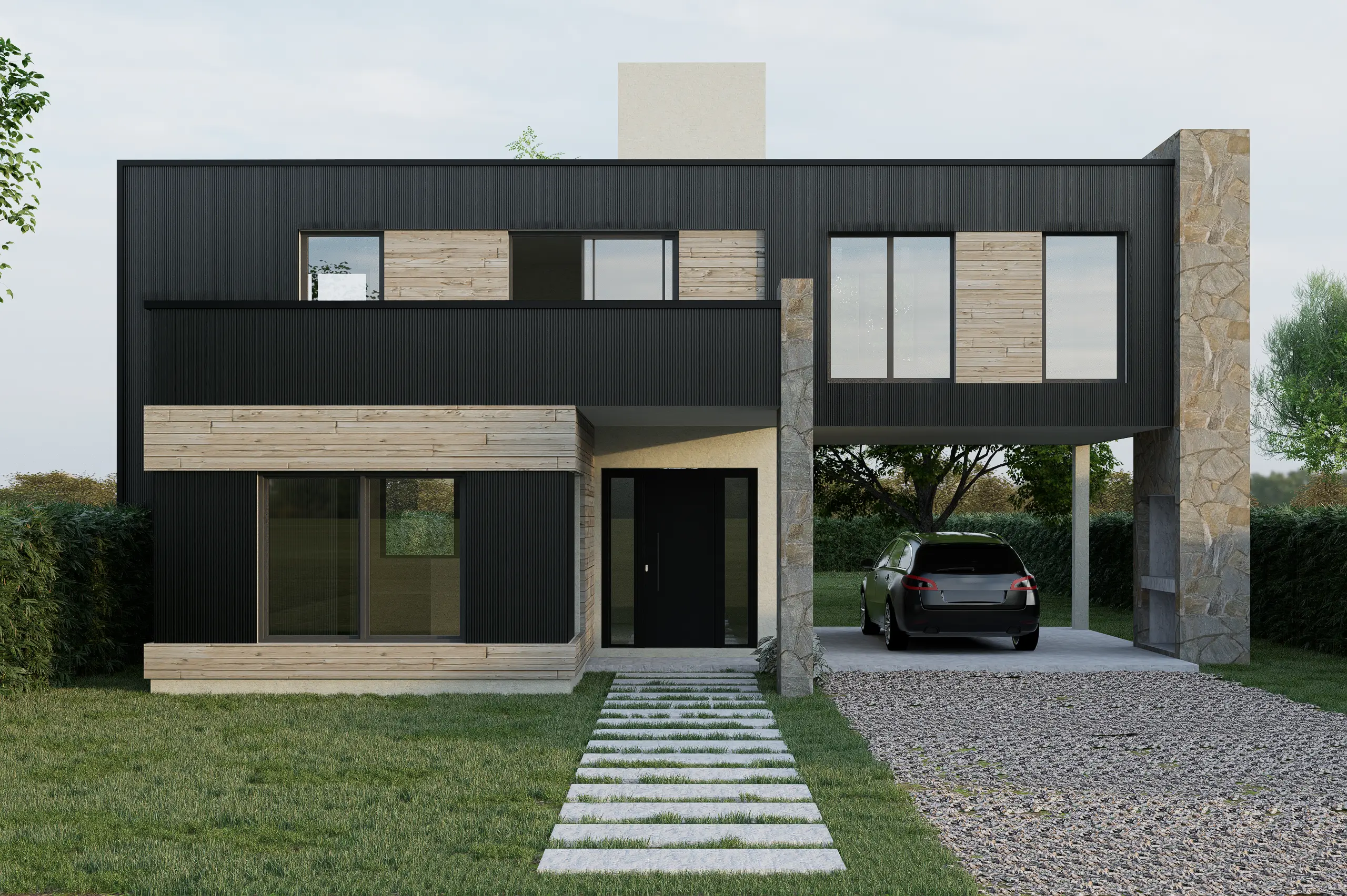Arquitectura residencial contemporánea en Córdoba con muros de piedra y conexión interior-exterior