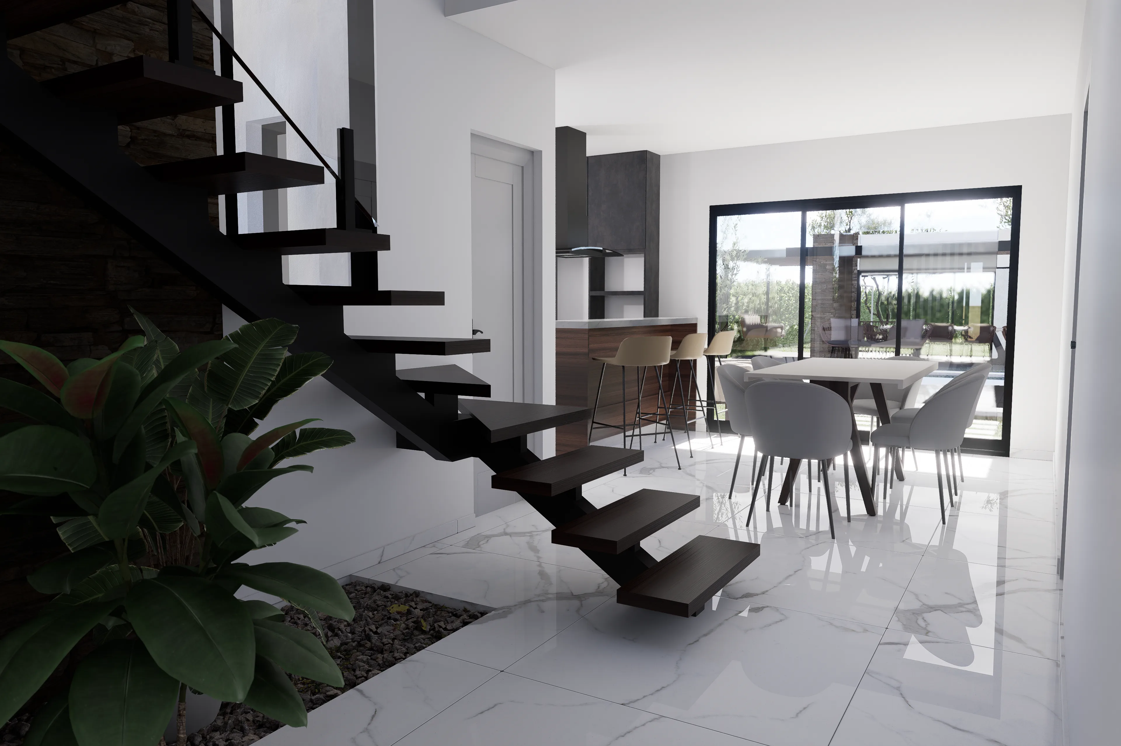 Visualización arquitectónica de espacio interior diurno integrado con iluminación natural y líneas limpias